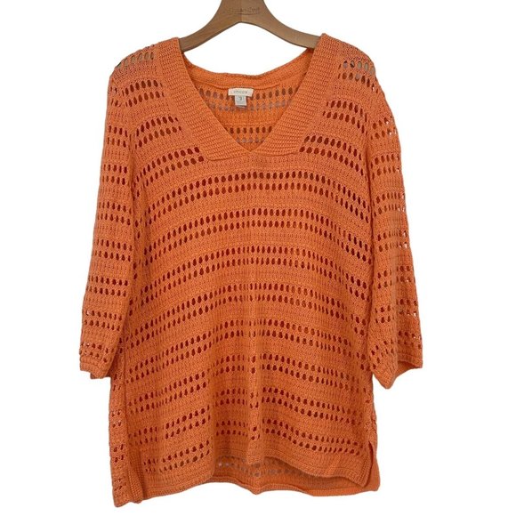 Chico's Sweaters - chico's 3 womens orange open weave V-neck sweater cotton 3/4 sleeve size xL